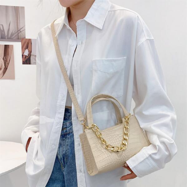

Croc Embossed Chain Decor Satchel Bag, Beige