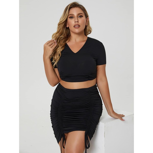 

Plus Crop Tee With Drawstring Bodycon Skirt, Black