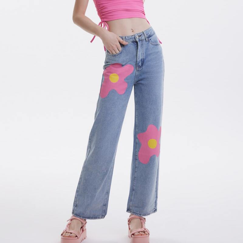 

Floral High Waist Wide Leg Jeans, Light wash