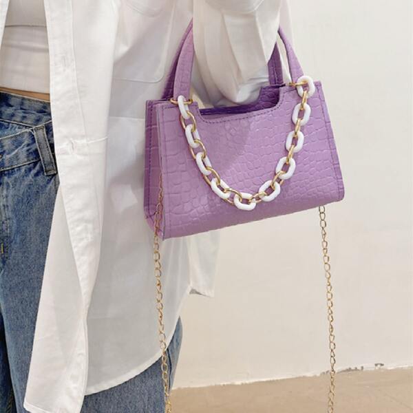 

Croc Embossed Chain Decor Satchel Bag, Purple
