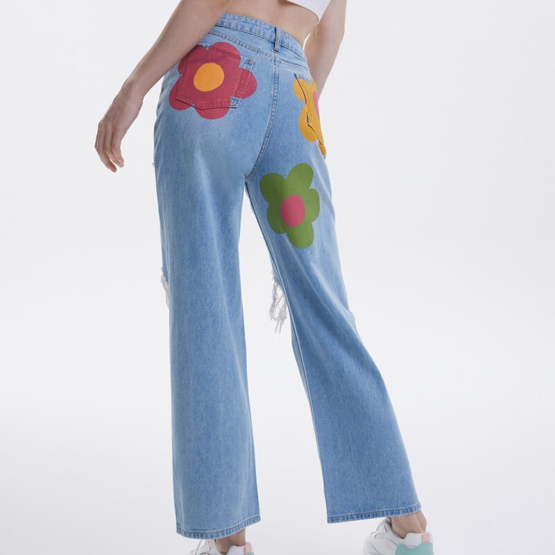 

High Waist Ripped Floral Print Jeans, Light wash