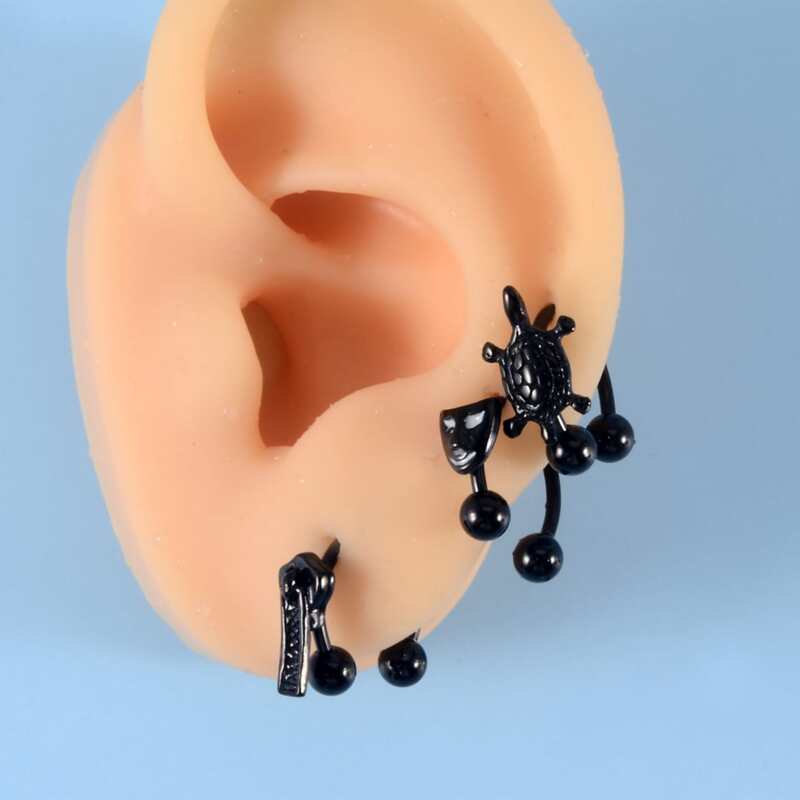 

3pcs Guys Tortoise & Zipper Decor Earring, Black