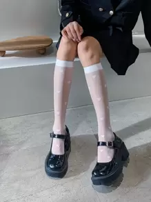 Heart Print Over The Calf Socks - White - View 1