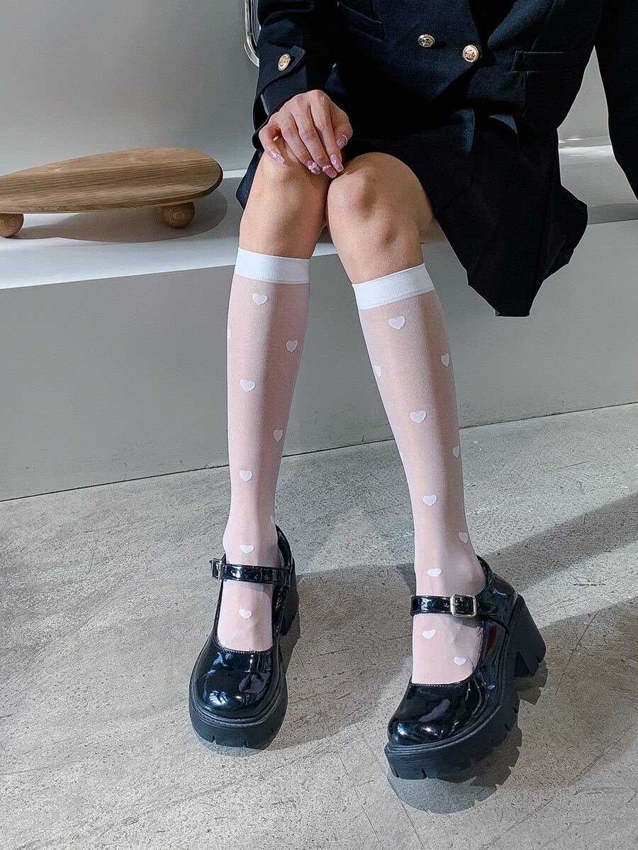 Heart Print Over The Calf Socks - White - View 1