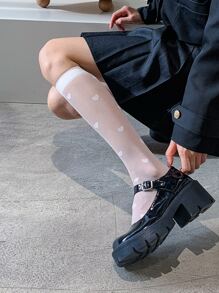 Heart Print Over The Calf Socks - White - View 3