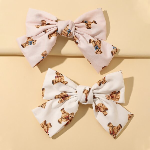 

2pcs Bear Print Bow Decor Hair Clip, Multicolor