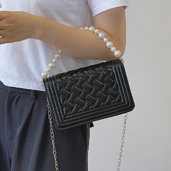 

Faux Pearl Decor Satchel Bag, Black