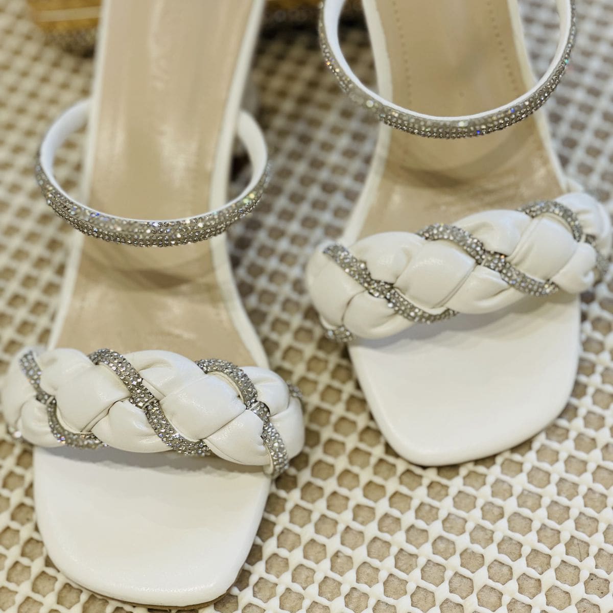 

Rhinestone Decor Braided Mule Sandals, White