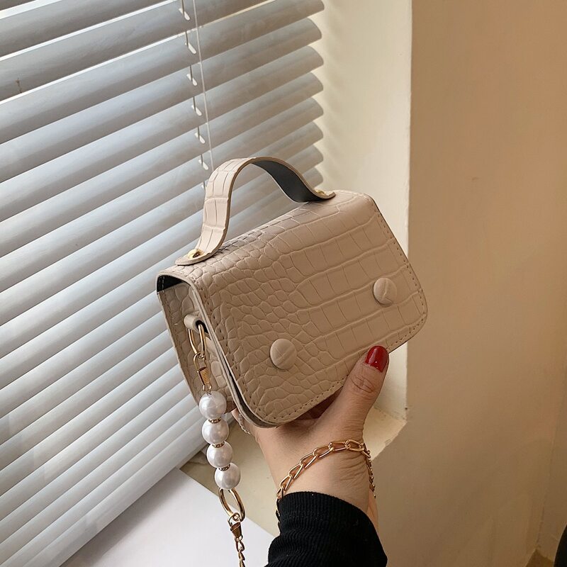 

Mini Croc Embossed Satchel Bag, Beige