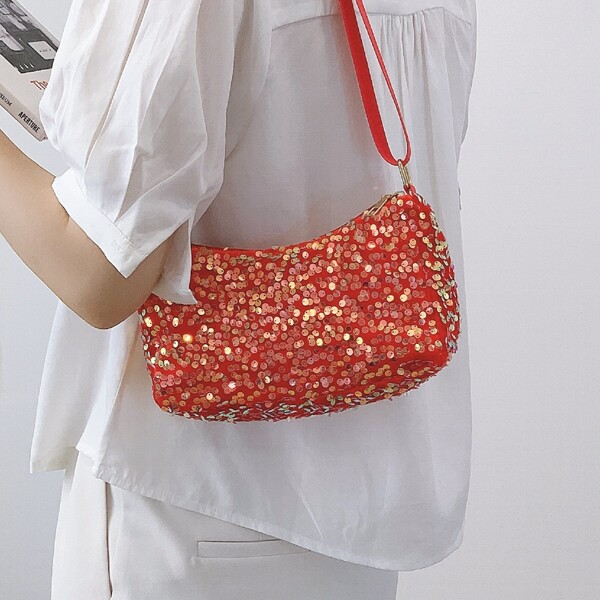 

Sequined Decor Shoulder Bag, Red
