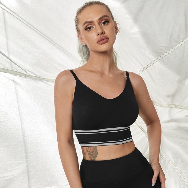 

Breathable High Stretch Striped Sports Bra, Black