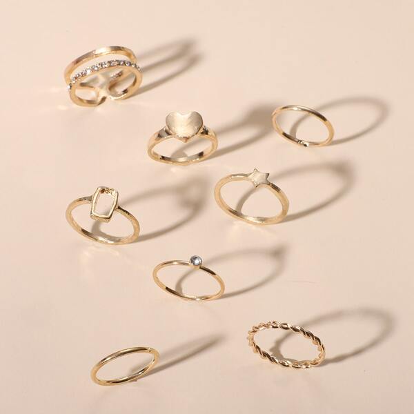 

8pcs Heart & Star Decor Ring, Gold