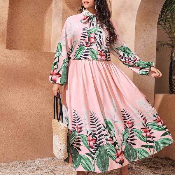 

Plus Tie Neck Lantern Sleeve Tropical Top and Skirt Set, Multicolor