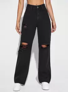 Flexra High Waisted Ripped Jeans - Black - View 1