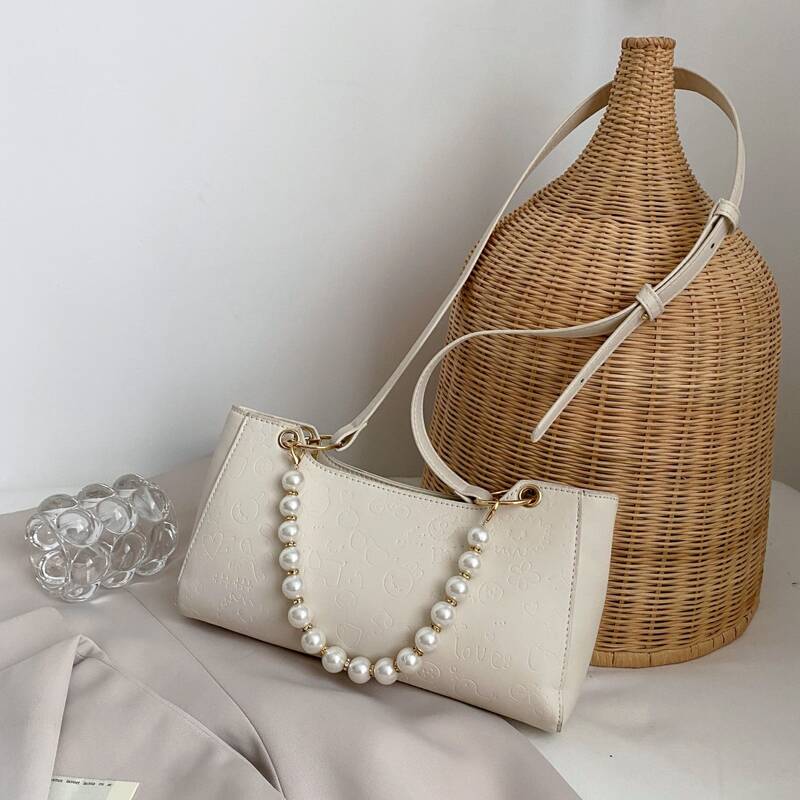 

Faux Pearl Decor Shoulder Bag, White