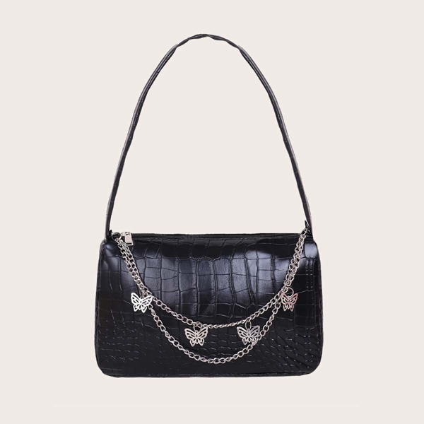 

Butterfly Decor Croc Embossed Baguette Bag, Black