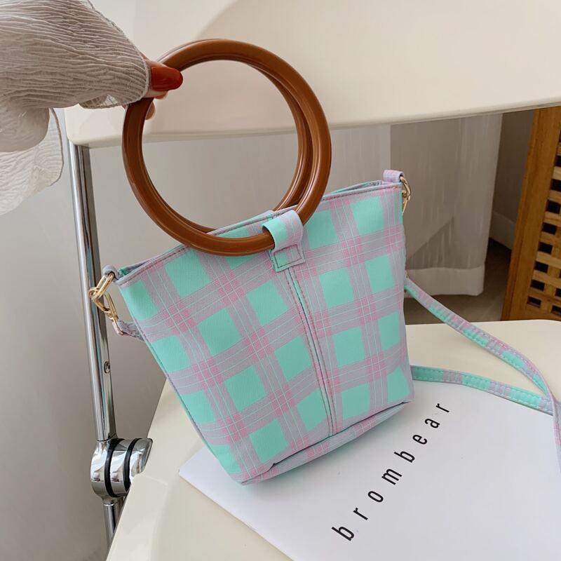 

Round Handle Plaid Satchel Bag, Blue