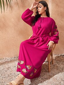 SHEIN 大碼流蘇領結花卉圖案刺繡燈籠袖連衣裙 - 中紫紅色 - 查看 5