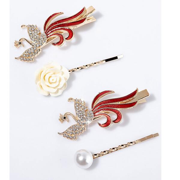 

4pcs Flower & Phoenix Decor Hair Clip, Multicolor