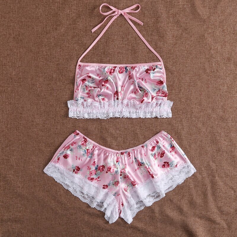 

Plus Floral Print Lace Trim Satin Bralette & Shorts, Pink