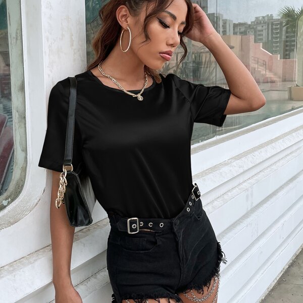 

Solid Round Neck Satin Blouse, Black