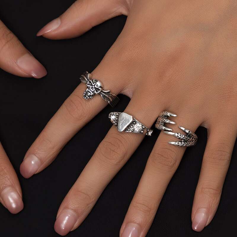 

3pcs Skull Decor Ring, Antique silver