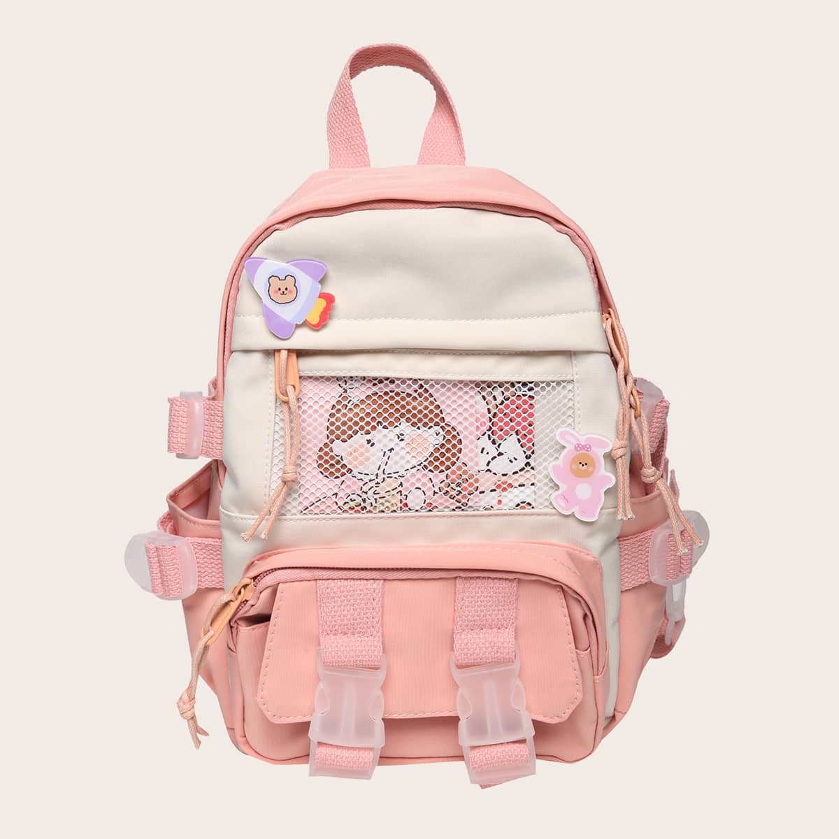 

Two Tone School Bag With Cartoon Bag Charm, Pink