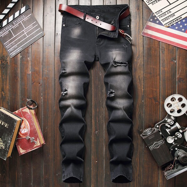 

Men Ripped Skinny Jeans Without Belt, Black