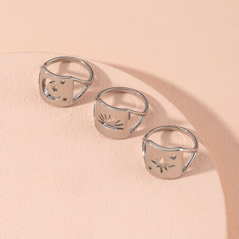 

3pcs Star & Moon Decor Ring, Silver