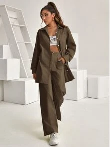 SHEIN Unity 高腰斜口袋闊腿褲 - 摩卡棕 - 查看 3