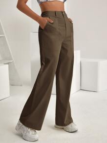 SHEIN Unity 高腰斜口袋闊腿褲 - 摩卡棕 - 查看 4