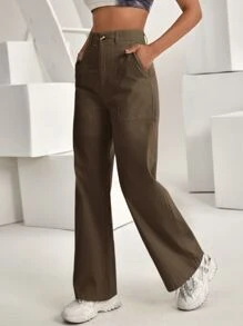 SHEIN Unity 高腰斜口袋闊腿褲 - 摩卡棕 - 查看 5