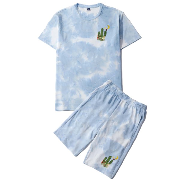 

Men Cactus Print Tie Dye Tee & Shorts, Baby blue
