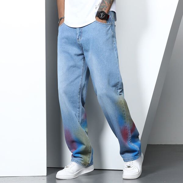 

Men Colorblock Wide Leg Jeans, Light wash