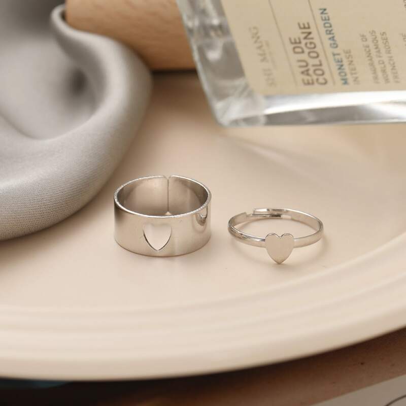 2pcs Heart Design Ring, Silver