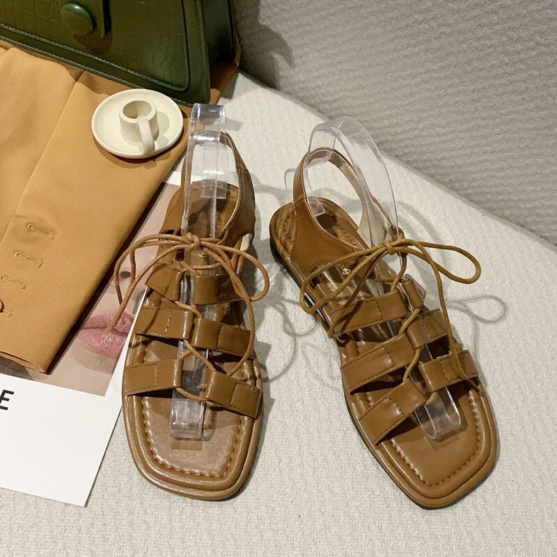 

Lace Up Front Flat Sandals, Brown