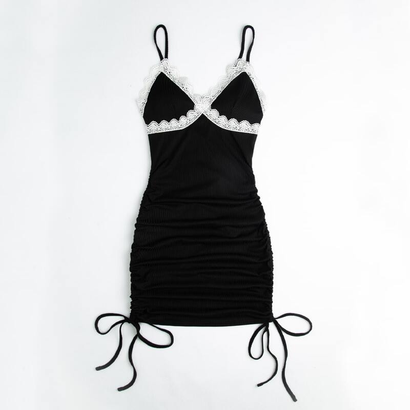 

Lace Insert Drawstring Ruched Dress, Black