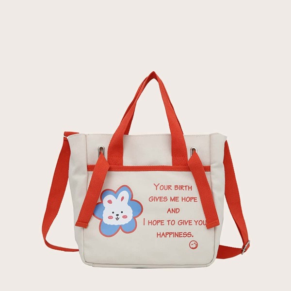 

Cartoon & Letter Graphic Tote Bag, Beige