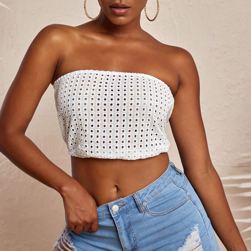

Eyelet Embroidery Tube Top, White