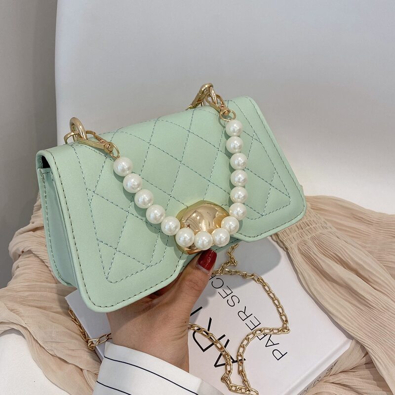 

Faux Pearl Handle Quilted Satchel Bag, Green