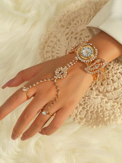 1入組優雅全水鑽裝飾手環連接帶雙環女士手錶,完美適用於派對和婚禮