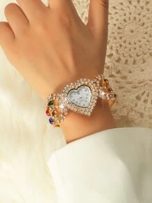 Rhinestone Decor Strap Heart Shaped Dial Quartz Watch - Gold - View 1
