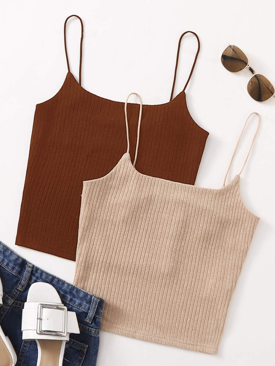 SHEIN Essnce 2 Packs Rib-Knit Cami Top - Multicolor - View 1