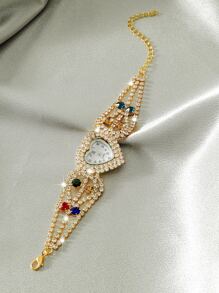 Rhinestone Decor Strap Heart Shaped Dial Quartz Watch - Gold - View 2