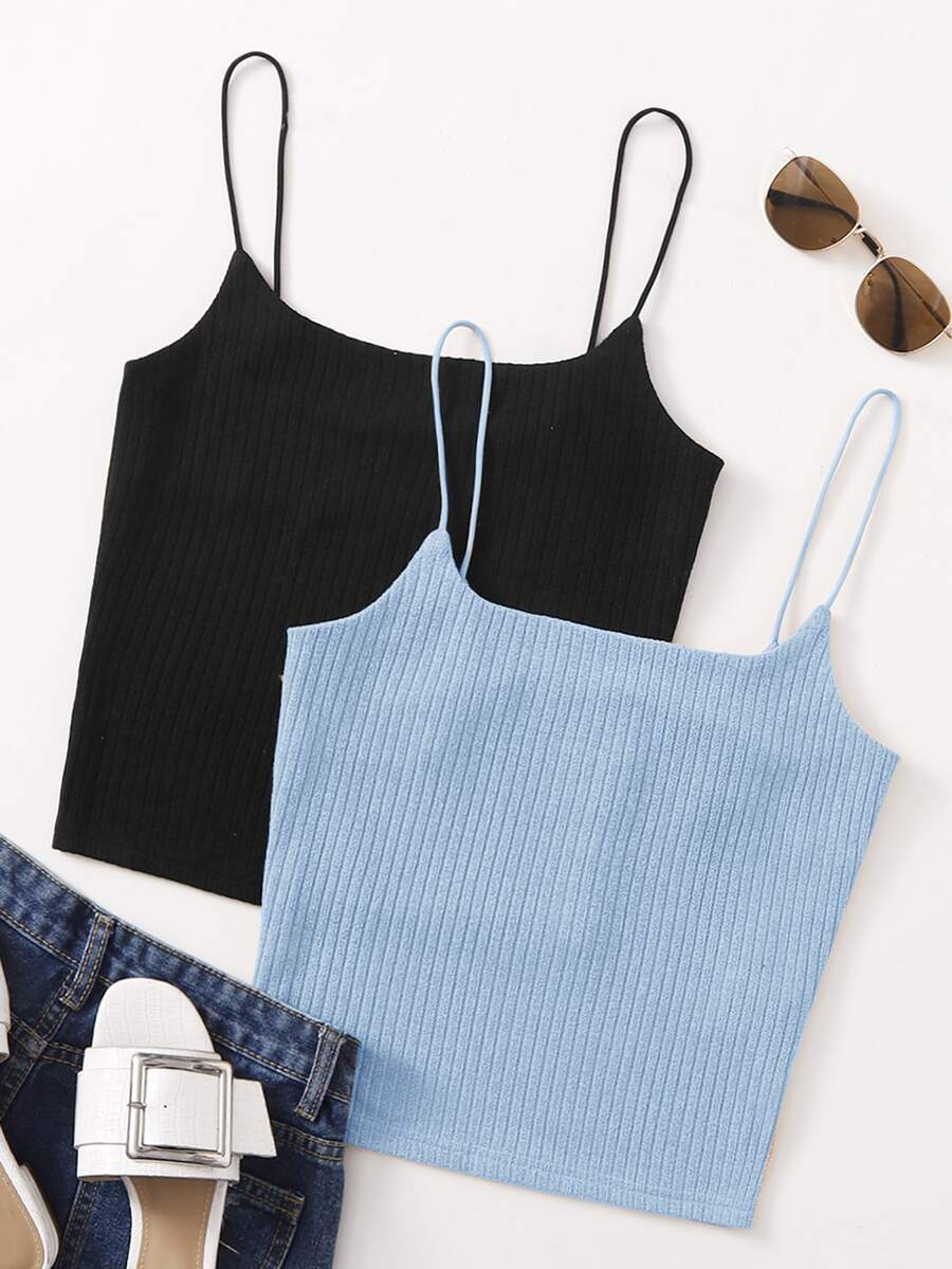 SHEIN Essnce 2 Packs Rib-Knit Cami Top - Multicolor - View 1