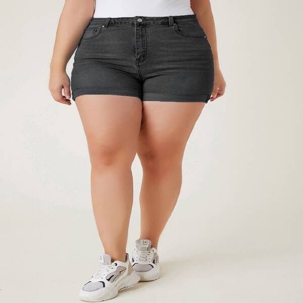 

Plus Dark Wash Cuffed Denim Shorts, Black
