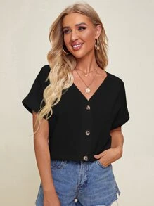 SHEIN V-neck Cuffed Sleeve Button Placket Blouse - Black - View 1