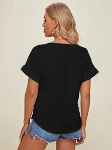 SHEIN V-neck Cuffed Sleeve Button Placket Blouse - Black - View 2