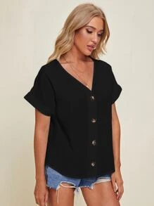 SHEIN V-neck Cuffed Sleeve Button Placket Blouse - Black - View 3