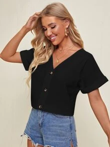 SHEIN V-neck Cuffed Sleeve Button Placket Blouse - Black - View 4